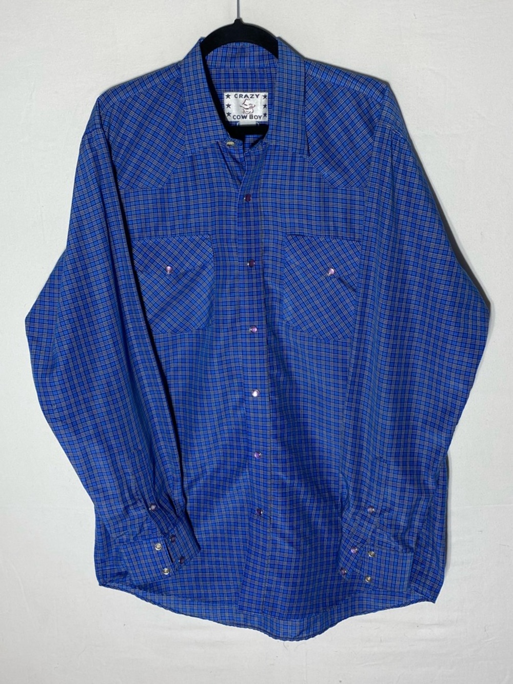 Vintage Crazy Cowboy Blue Plaid Purple Pearl Snap Western Shirt 2XL Stampede
